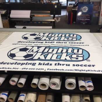 fabric banner for Mighty Kicks soccer team