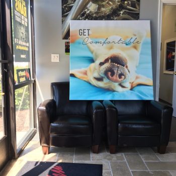canvas banner with image of smiling dog that reads 