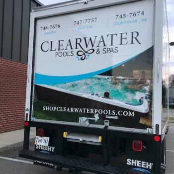 back of truck with vehicle wrap for Clearwater Pools & Spas