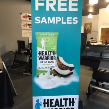 Health Warrior product advertisement retractable banner stands