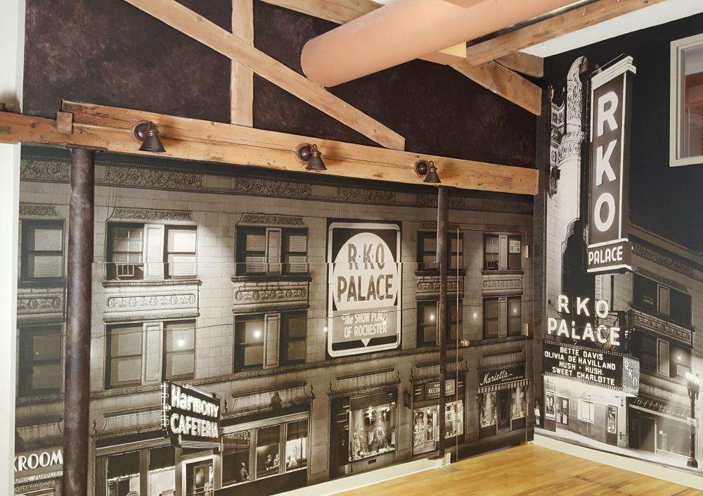 RKO palace wall decals with black and white image of a building