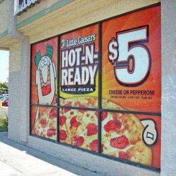 Little caesars hot n ready large pizza window graphis with 5 dollar cheese or pepperoni advertisement