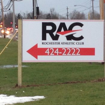 Rochester Athletic Club outdoor sign with phone number in arrow