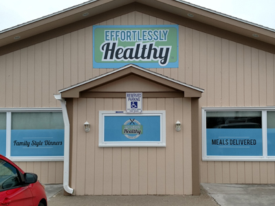 Outdoor signage and window graphics for Effortlessly Healthy restaurant
