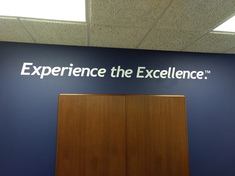 Wall decal on blue wall with experience the excellence written in white