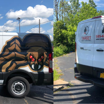 Vehicle wrap on side and back of van for target pest control 