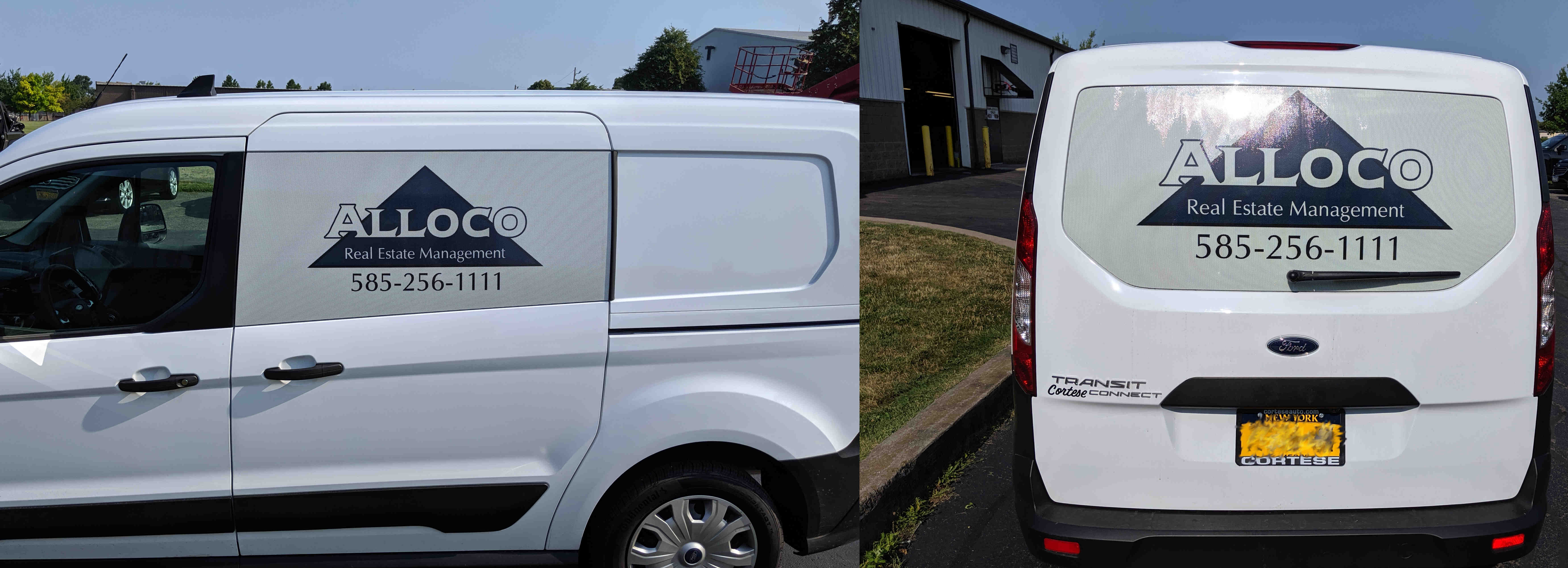 Vehicle wrap on side and back of van for Alloco Real Estate Management
