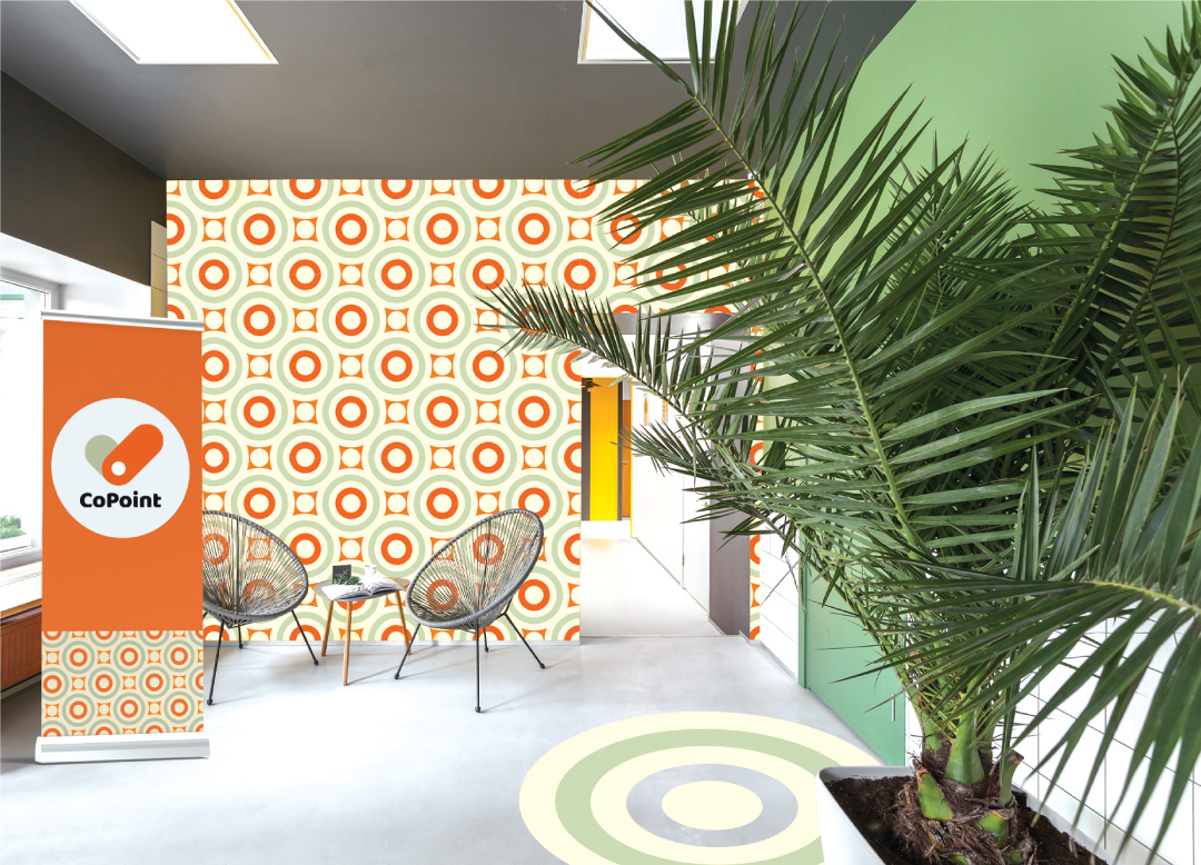 Orange interior design with palm tree in room on unique floor