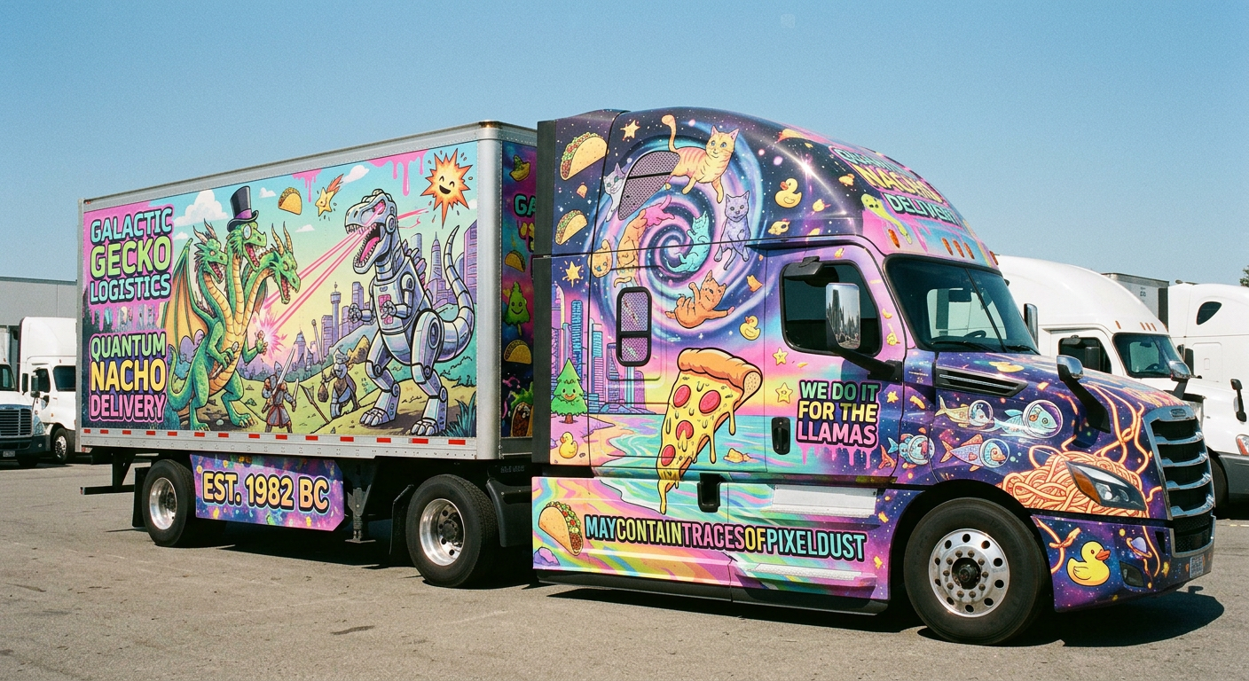 Delivery truck with colorful cosmic and fantasy illustrations including a dragon, robot dinosaur, pizza slice, cats, and tacos