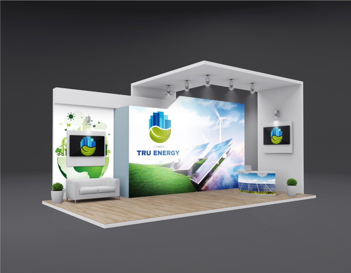 Technology booth with screen and grass field image in advertising display