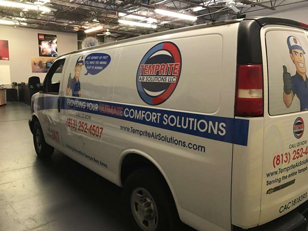 vehicle wrap on side of white van for Temprite Air Solutions, LLC