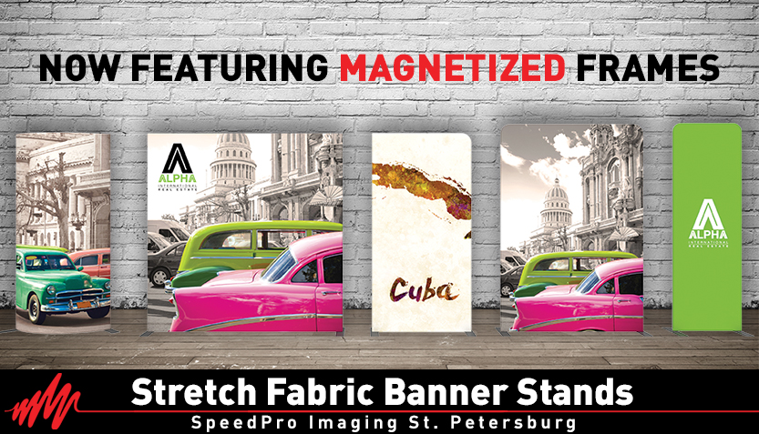 stretch fabric banner stand examples featuring magnitized frames