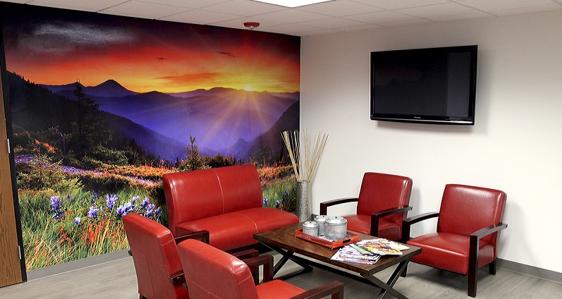 Waiting area with mountain wall mural