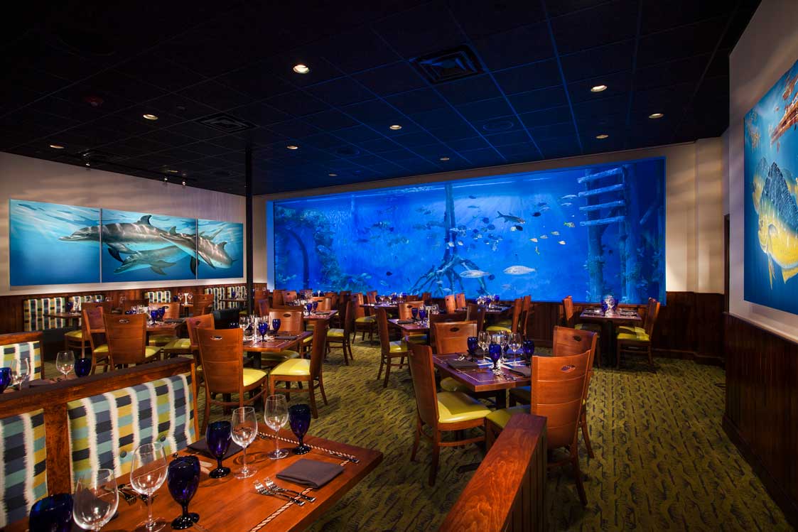 wall mural of undersea images inside restaurant