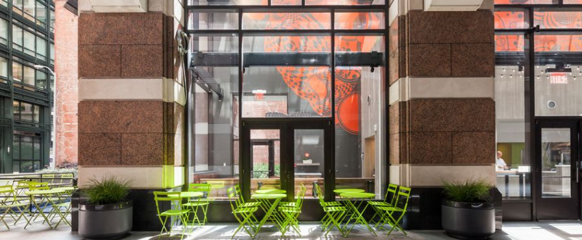 large format graphics in courtyard of building