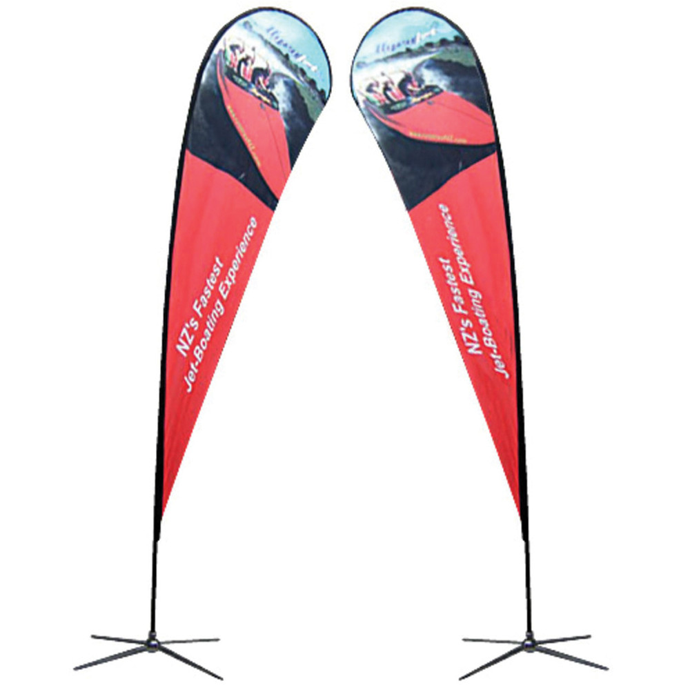 two red teardrop banner stand for NZ's Fastest jet-Boating Experience 