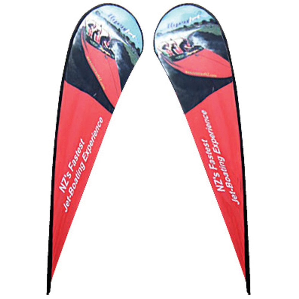 two red teardrop banner stand for NZ's Fastest jet-Boating Experience 