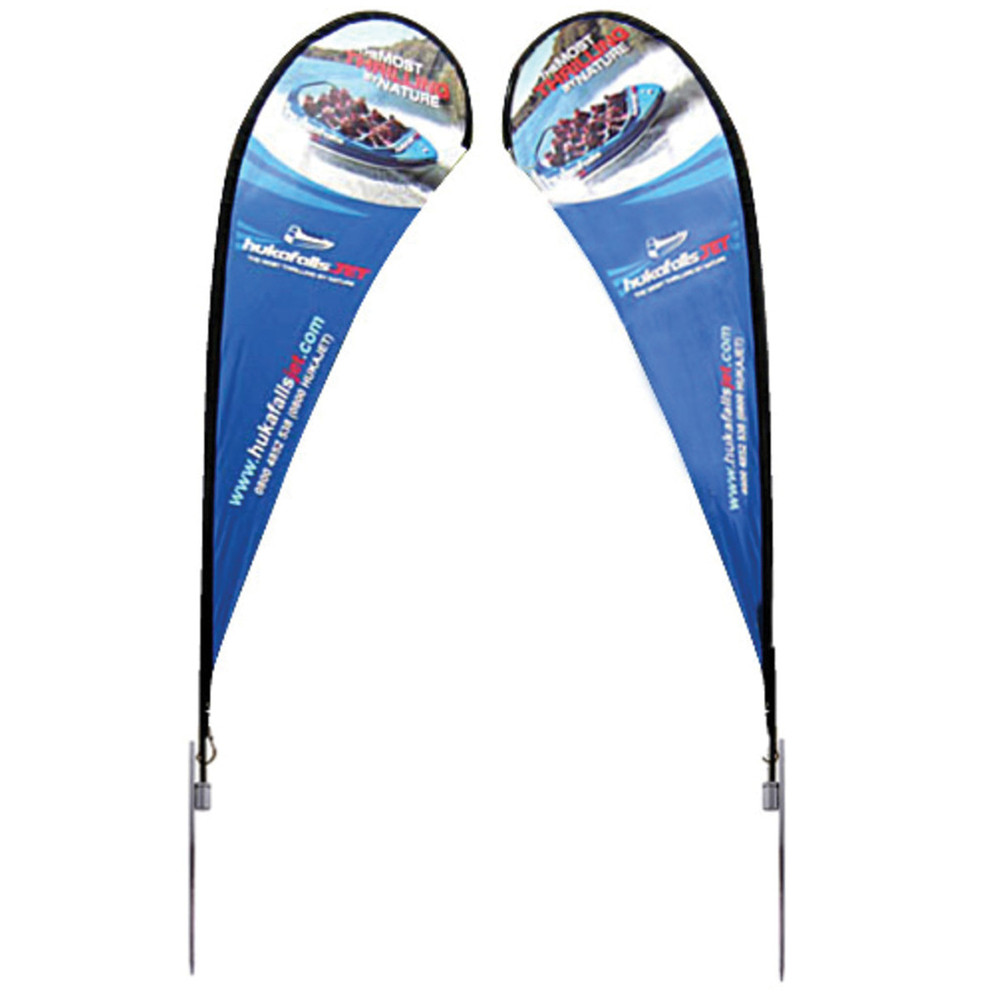 two blue teardrop banner stand for Hukafalls Jet
