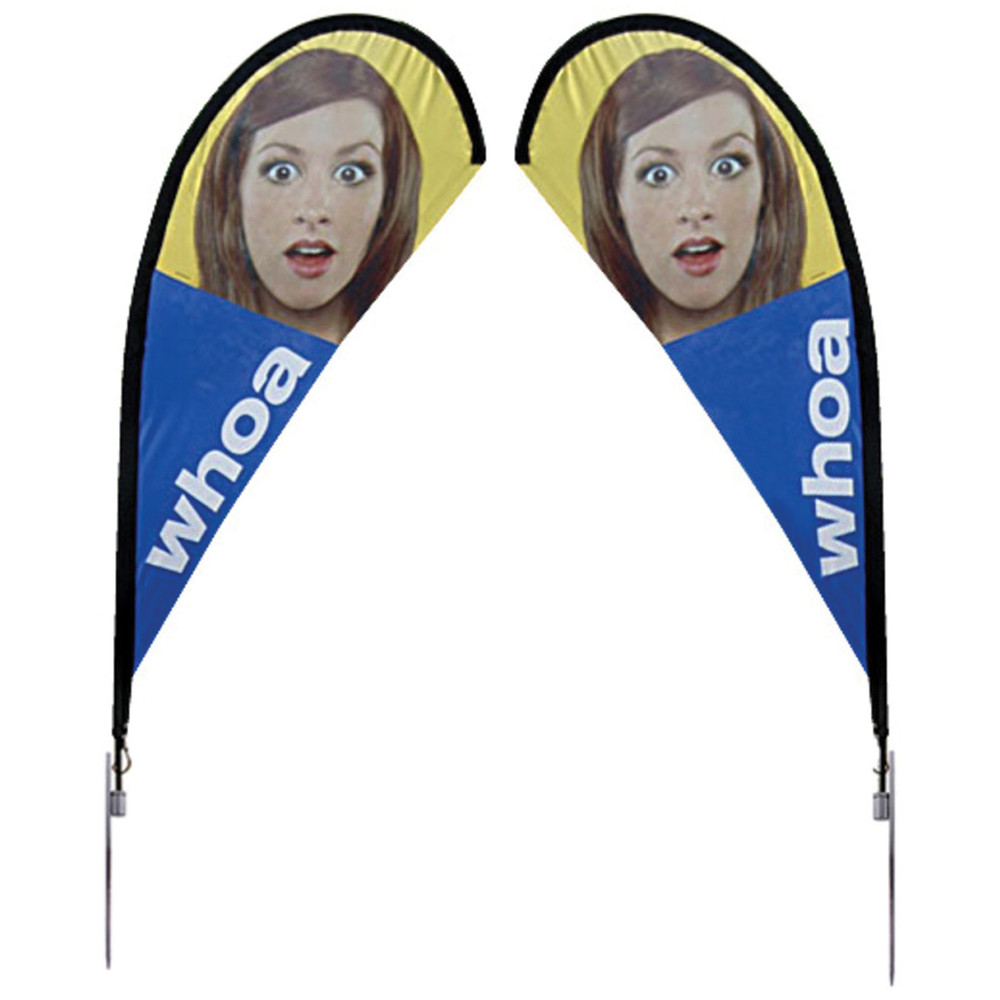 two teardrop banners on stand with an image of a womans surprised face