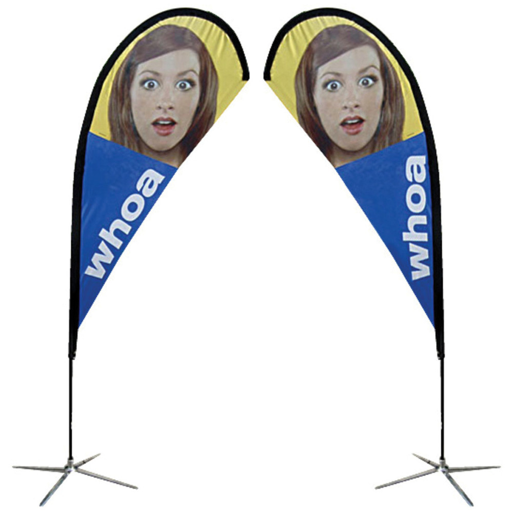 two teardrop banners on stand with an image of a womans surprised face