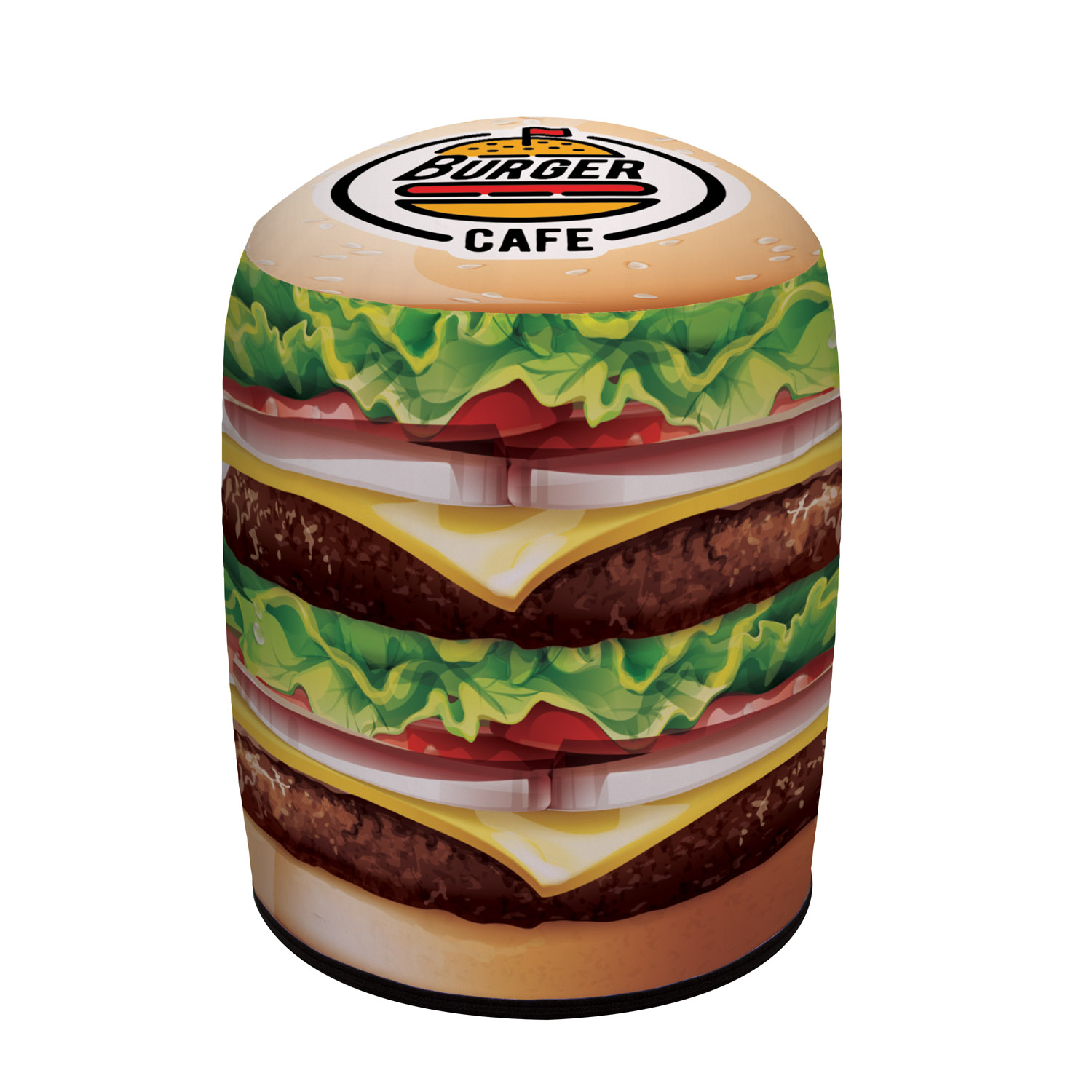 blow up burger with burger cafe logo on the bun