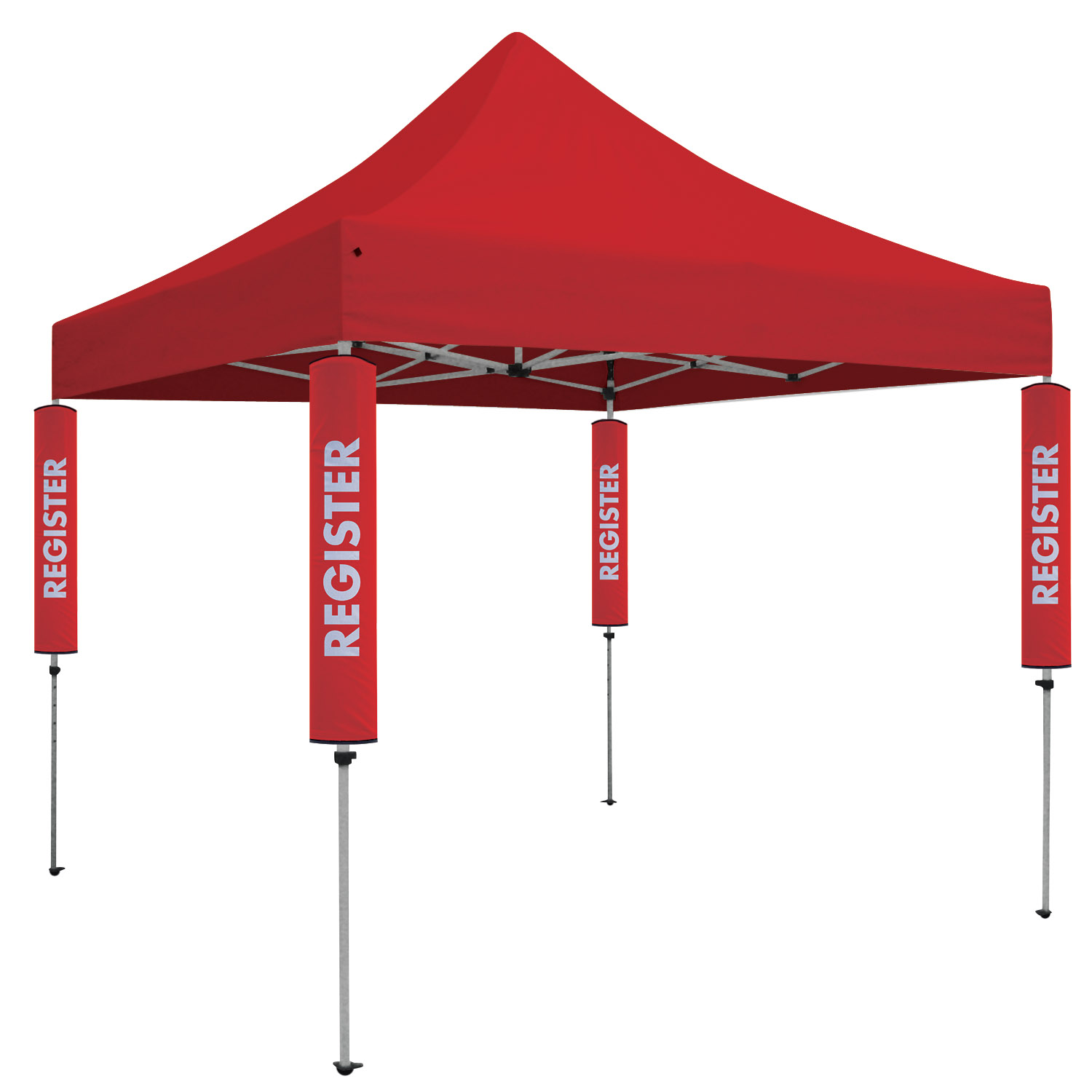 red event tent with fabric signs that read 