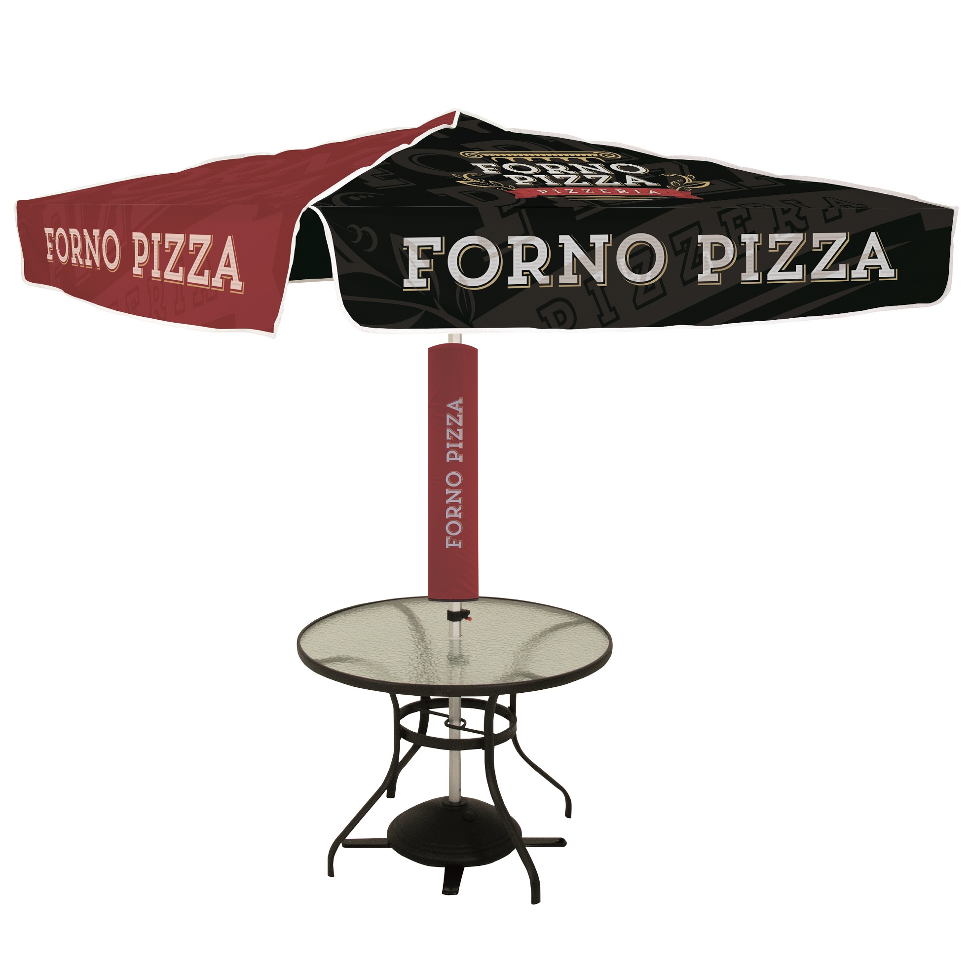 circular glass table with red and black Forno Pizza patio umbrella in the middle