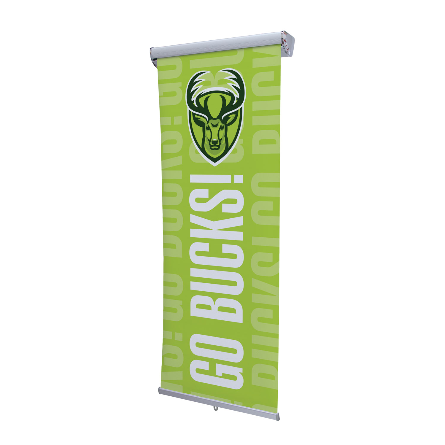 green retractable banner that reads 