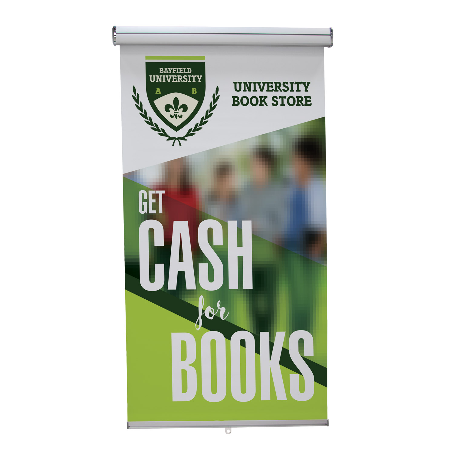 retractable banner for bayfield university bookstore