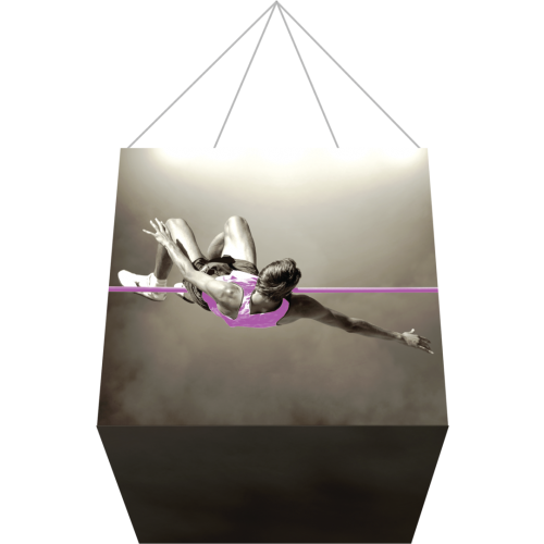 cube fabric hanging structure of man jumping over pole black bottom 