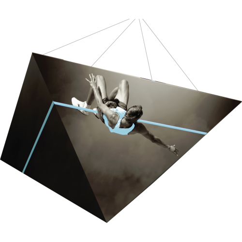 four sided pyramid fabic hanging structure of man jumping over pole 