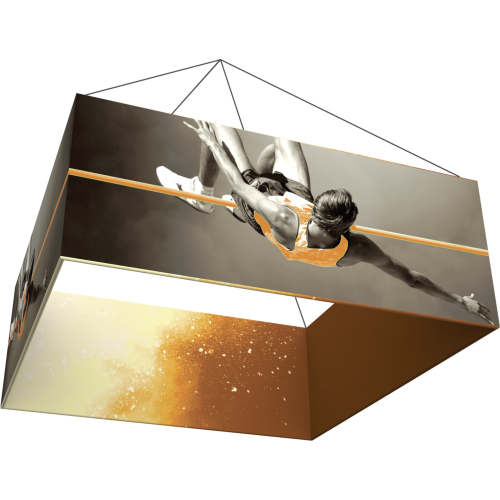 square fabric hanging structure of man jumping over pole orange inside 