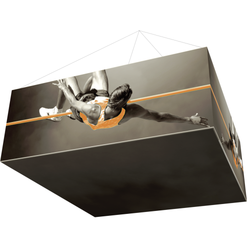 square fabric hanging structure of man jumping over pole black bottom 