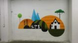 wall graphics of house on the farm with cows and crops
