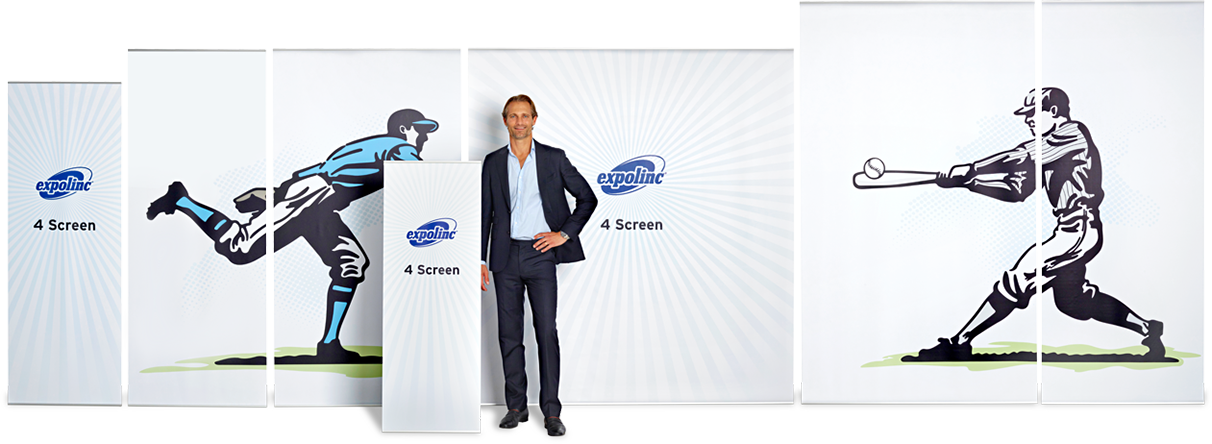 man in suit standing in front of expolinc 4 screen banner system 
