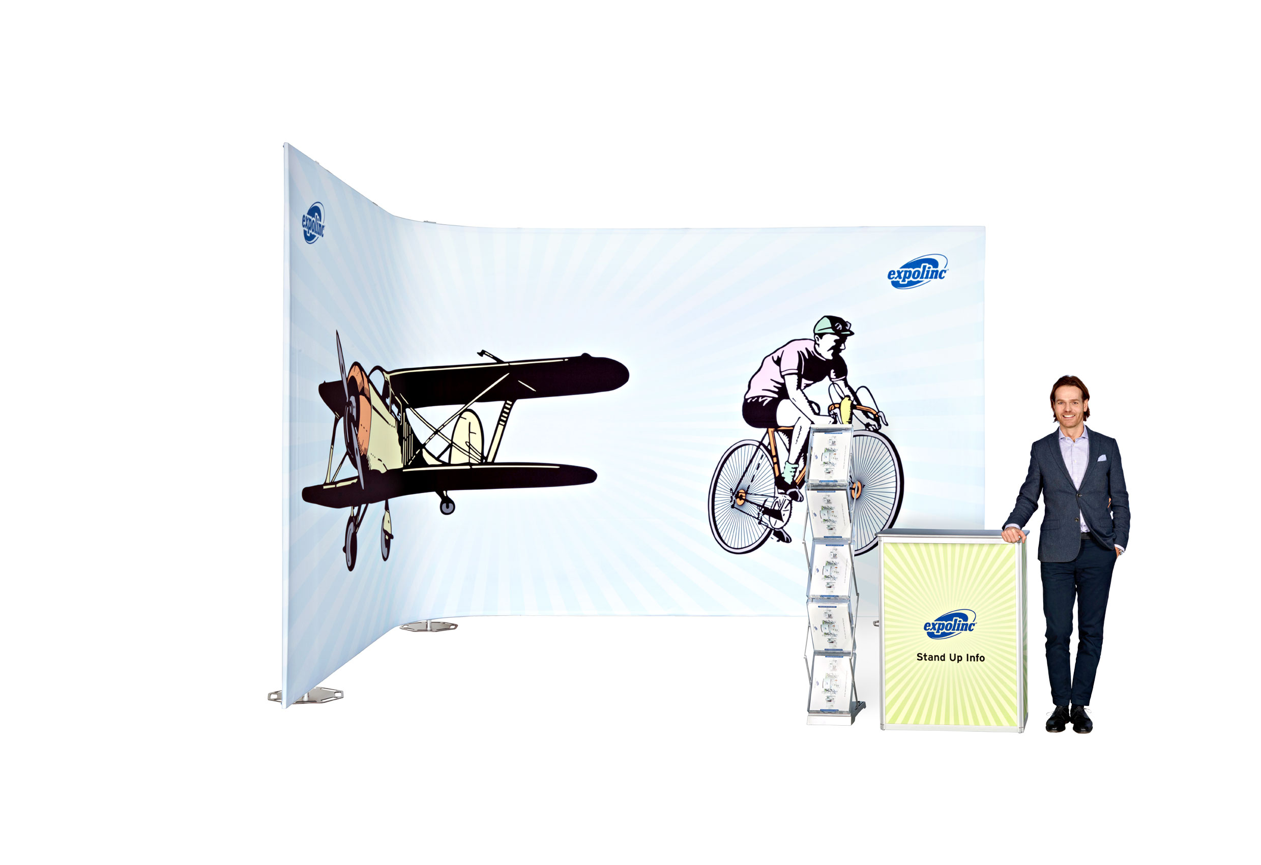 man standing in front of expolinc fabric system, stand up info box and brochure stand