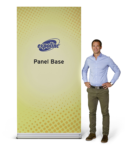man standing next to yellow expolinc panel base