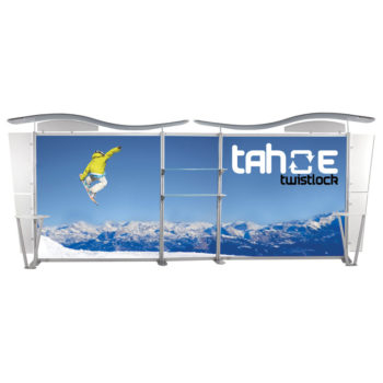 A display stand with an image of a snowboarder in mid air with snowcapped mountains in the background.