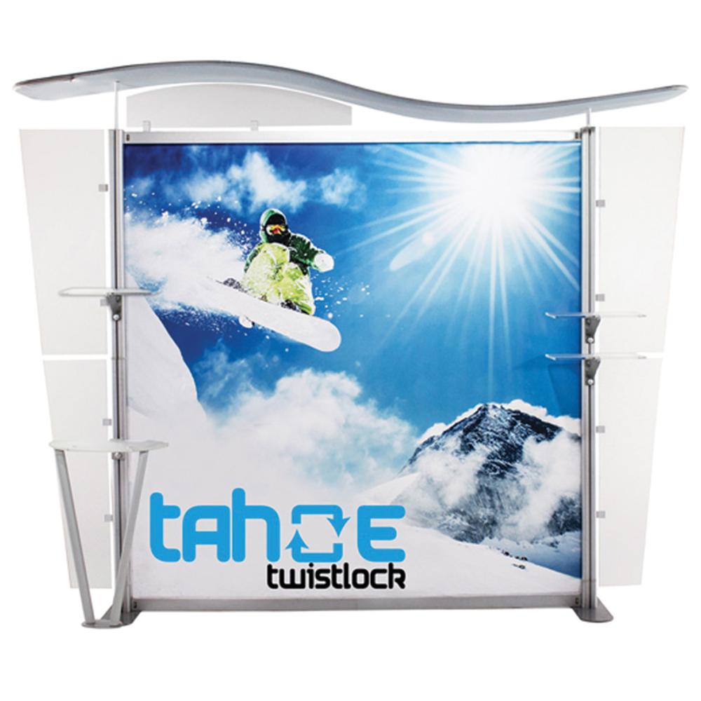 A display stand with an image of a snowboarder riding down a mountain.