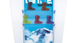 A display stand for snowboard equipment with boots on shelves.