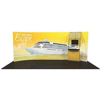 Your Great Escape yellow banner with cruise ship trade show background with computer 