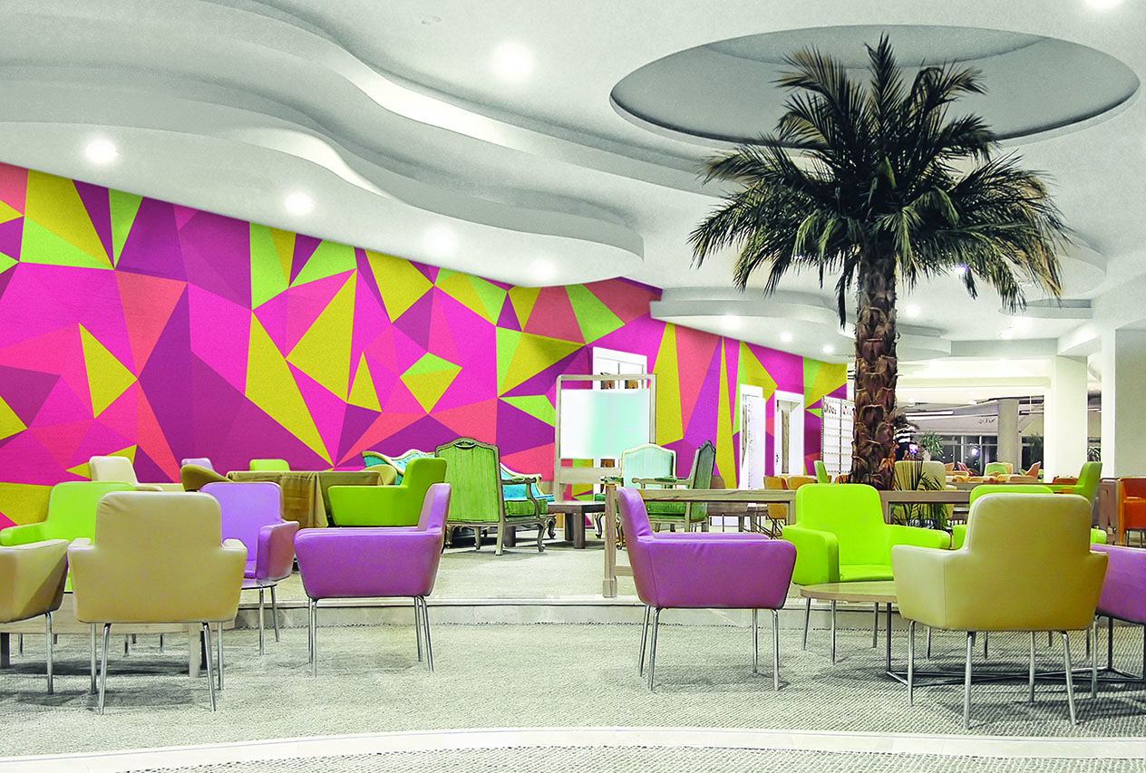 Hotel lobby with geometric wall mural