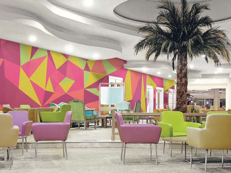 Seating area with geometric wall mural