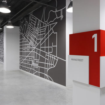modern urban wall display with city block scape