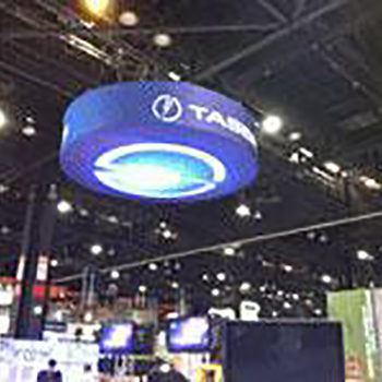 Blue hanging trade show structure