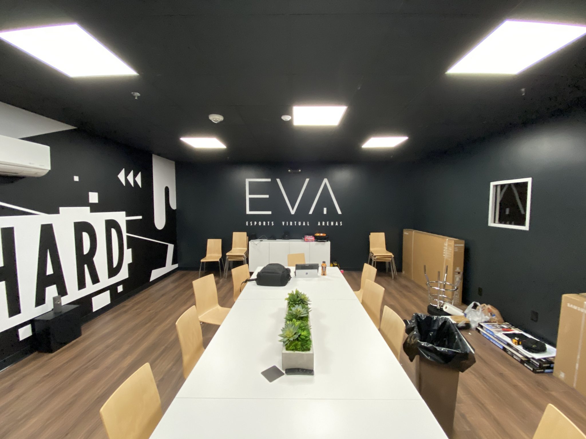 Office wall mural featuring bold graphics and 'EVA ESPORTS VIRTUAL ARENAS' text on black background.