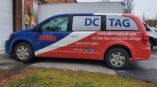 DC tag red white and blue printed van vehicle wrap 