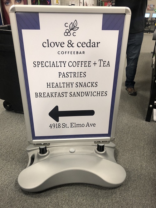 Clove & cedar coffeebar printed directional sign