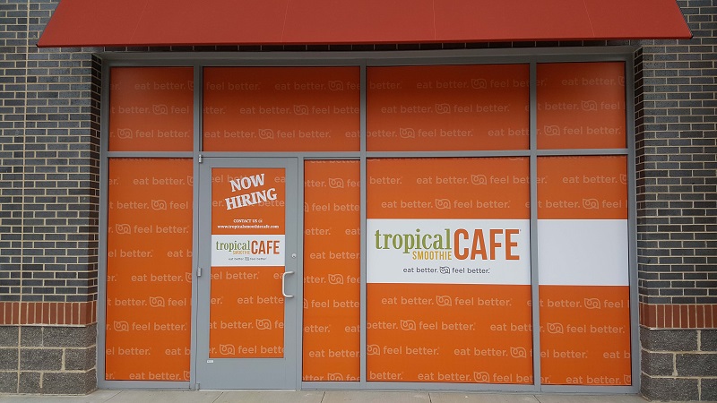 Tropical smoothie cafe front entrance wall and door printed decals
