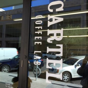 Outdoor window decal created for Cartel Coffee Lab 